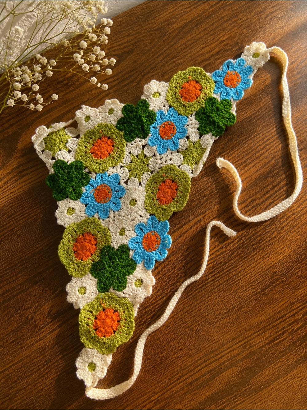 Crocheted Floral Bandana / Headscarf - Blue, Green, Orange, Cream
